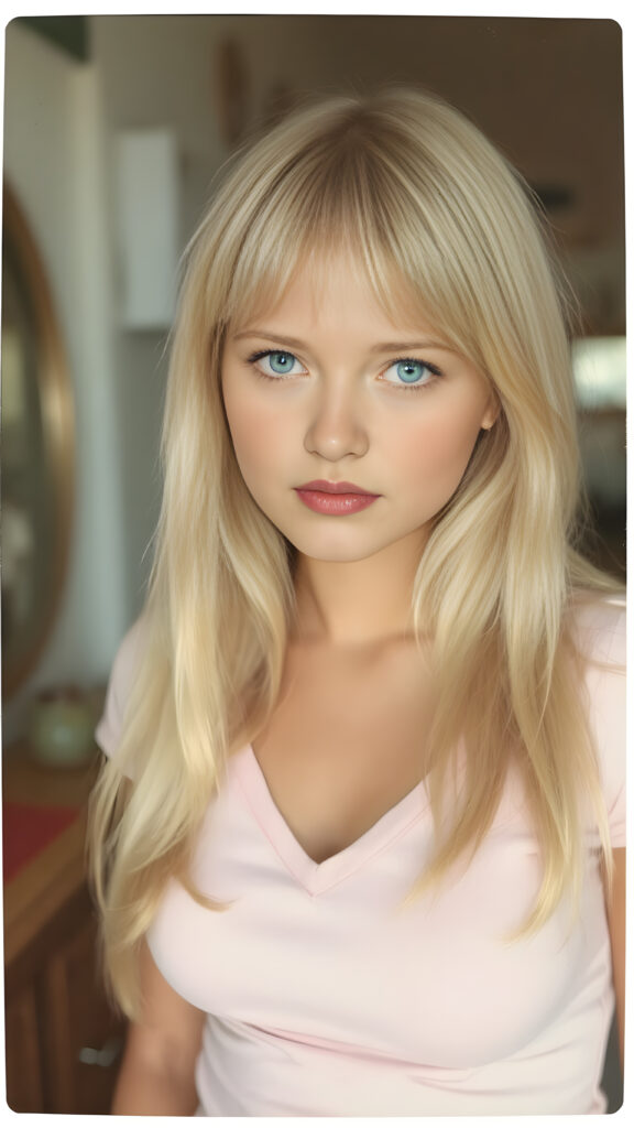 a cute well busty teen girl, soft straight very long light blond jet hair, full kissable lips, ((light pink plain cropped top with deep v-neck)), perfect curved body, light blue eyes, detailed round face, in a vintage salon, 1970s style
