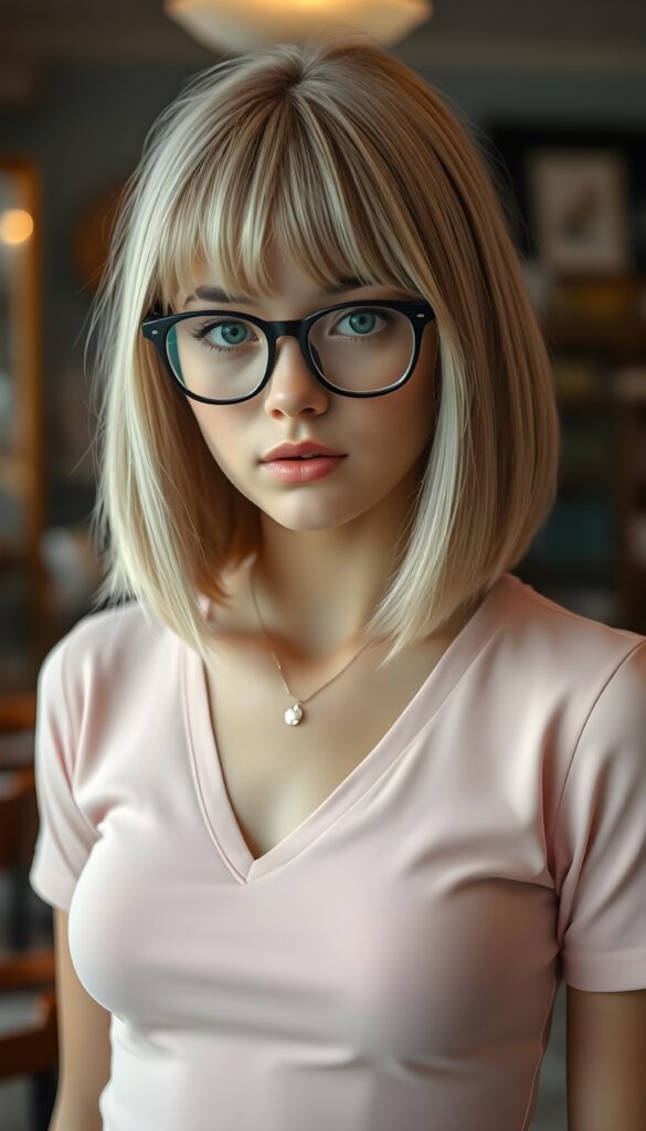 a cute well busty school girl, soft straight light blond jet hair and light brown highlights, shoulder length bob cut, bangs frame her round face, full kissable lips, ((light pink plain cropped top with deep v-neck)), perfect curved body, light blue eyes, black glasses, she is in a vintage salon, 1970s style. Cute round small navel.