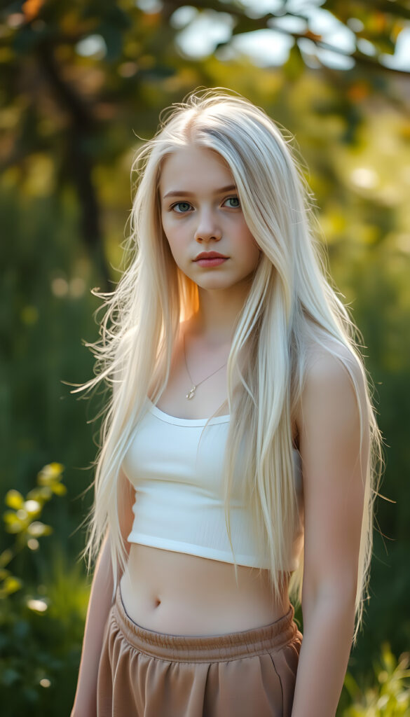 a (((cute young teen girl))), with pale skin and (((long, flowing white hair))), all framed by a (((vividly detailed, realistic film effect))), capturing her from a (((full-body shot))), with a (((warm, cozy atmosphere))) that suggests a (((cropped top, mini skirt))), both modeled against a backdrop of (((sunny green landscape)))