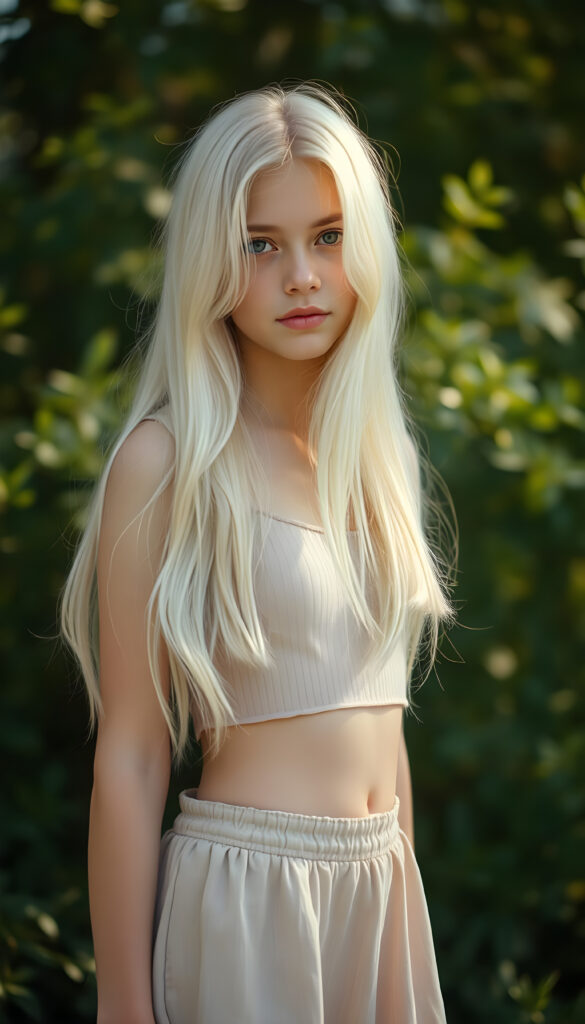 a (((cute young teen girl))), with pale skin and (((long, flowing white hair))), all framed by a (((vividly detailed, realistic film effect))), capturing her from a (((full-body shot))), with a (((warm, cozy atmosphere))) that suggests a (((cropped top, mini skirt))), both modeled against a backdrop of (((sunny green landscape)))