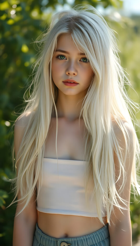 a (((cute young teen girl))), with pale skin and (((long, flowing white hair))), all framed by a (((vividly detailed, realistic film effect))), capturing her from a (((full-body shot))), with a (((warm, cozy atmosphere))) that suggests a (((cropped top, mini skirt))), both modeled against a backdrop of (((sunny green landscape)))