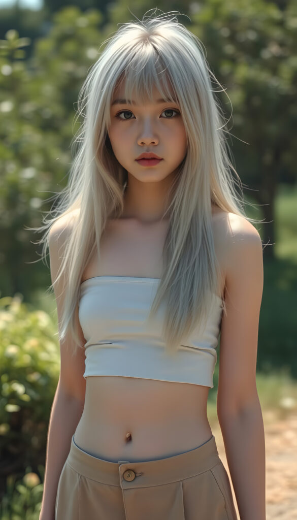 a (((cute young Japanese teen girl))), with pale skin and (((long, open platinum white hair))), all framed by a (((vividly detailed, realistic film effect))), capturing her from a (((full-body shot))), with a (((warm, cozy atmosphere))) that suggests a (((cropped top, mini skirt, you can see her belly button))), both modeled against a backdrop of (((sunny green landscape)))