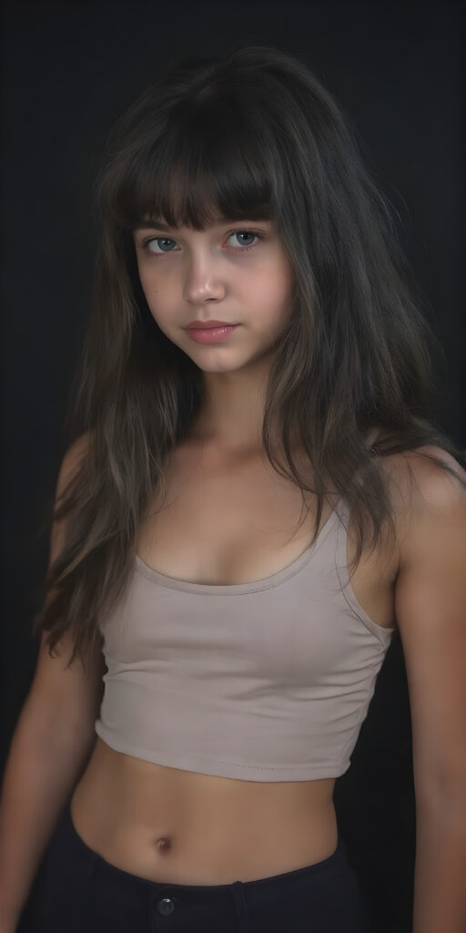 a (((cute young teen girl))), with long, straight, thick, wavy, jet, shiny black-brown hair, bangs cut frame her face, wearing a (((high cut, tight, spaghetti tank top))), posing perfect, ((accentuating her ((navel)) and (soft, youthful thighs))), (((full body side view))), dark backdrop