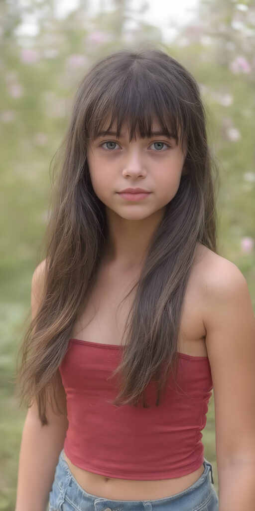 a (((cute young girl))), with long, straight, thick, wavy, jet, shiny black-brown hair, bangs cut frame her face, wearing a (((high cut, tight, spaghetti tank top))), posing perfect, ((accentuating her ((navel)) and (soft, youthful thighs))), (((full body side view))) ((natural spring backdrop))