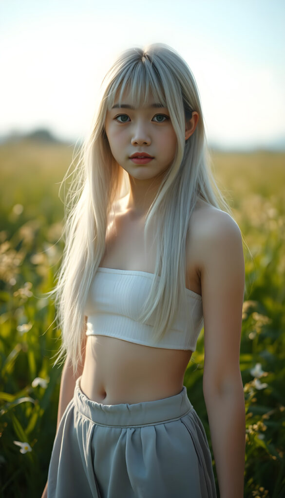 a (((cute young Japanese teen girl))), with pale skin and (((long, open platinum white hair))), all framed by a (((vividly detailed, realistic film effect))), capturing her from a (((full-body shot))), with a (((warm, cozy atmosphere))) that suggests a (((cropped top, mini skirt, you can see her belly button))), both modeled against a backdrop of (((sunny green landscape)))