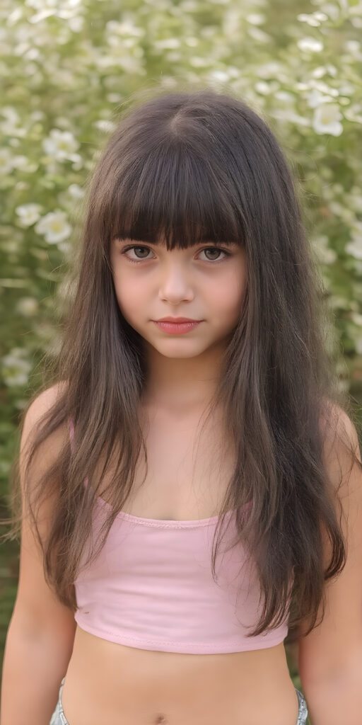 a (((cute young girl))), with long, straight, thick, wavy, jet, shiny black-brown hair, bangs cut frame her face, wearing a (((high cut, tight, spaghetti tank top))), posing perfect, ((accentuating her ((navel)) and (soft, youthful thighs))), (((full body side view))) ((natural spring backdrop))