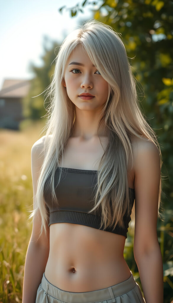 a (((cute young Japanese teen girl))), with pale skin and (((long, open platinum white hair))), all framed by a (((vividly detailed, realistic film effect))), capturing her from a (((full-body shot))), with a (((warm, cozy atmosphere))) that suggests a (((cropped top, mini skirt, you can see her belly button))), both modeled against a backdrop of (((sunny green landscape)))