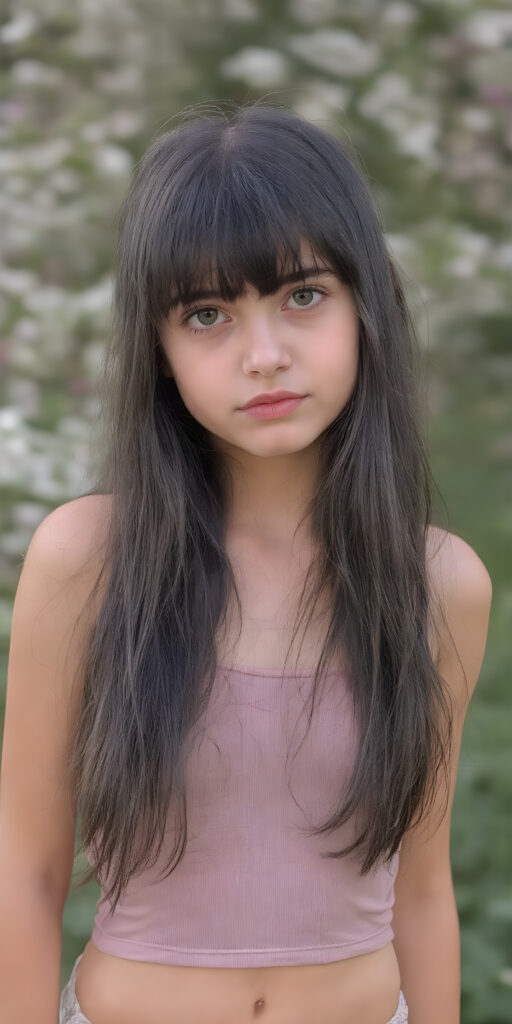 a (((cute young girl))), with long, straight, thick, wavy, jet, shiny black-brown hair, bangs cut frame her face, wearing a (((high cut, tight, spaghetti tank top))), posing perfect, ((accentuating her ((navel)) and (soft, youthful thighs))), (((full body side view))) ((natural spring backdrop))