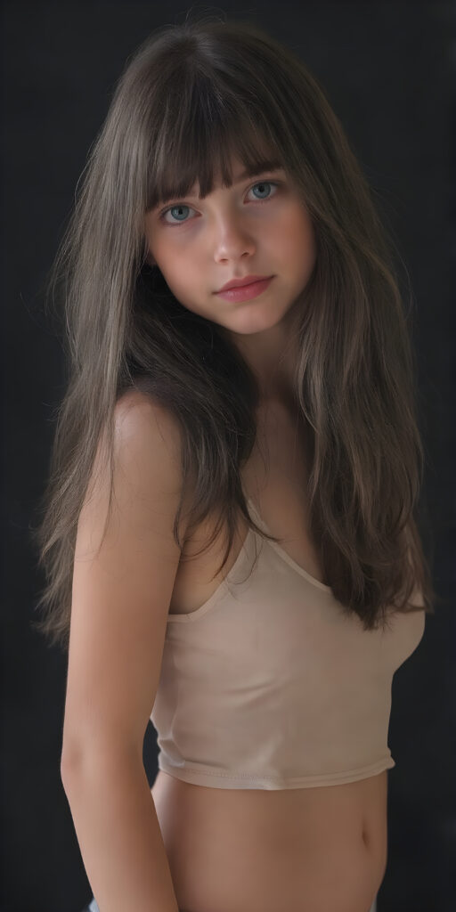a (((cute young teen girl))), with long, straight, thick, wavy, jet, shiny black-brown hair, bangs cut frame her face, wearing a (((high cut, tight, spaghetti tank top))), posing perfect, ((accentuating her ((navel)) and (soft, youthful thighs))), (((full body side view))), dark backdrop