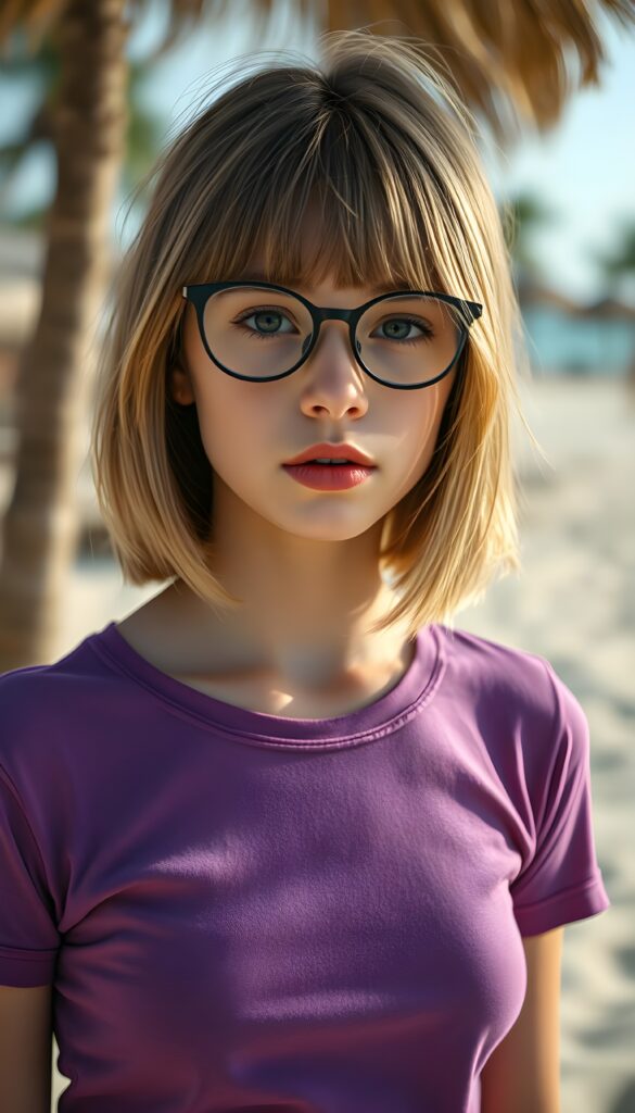 a (((cute young teenage girl))), with shoulder length bob cut, straight, ((blond hair)), and a (((purple very thin and tight t-shirt))), ((red, full lips)), ((brown eyes)), all set against a backdrop of a (beach resort), black glasses, sun kissed