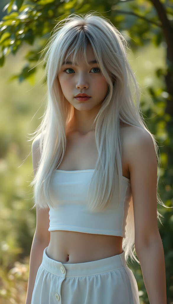 a (((cute young Japanese teen girl))), with pale white skin and (((long, open platinum white hair))), all framed by a (((vividly detailed, realistic film effect))), capturing her from a (((full-body shot))), with a (((warm, cozy atmosphere))) that suggests a (((cropped white top, white mini skirt, you can see her belly button))), both modeled against a backdrop of (((sunny green landscape)))