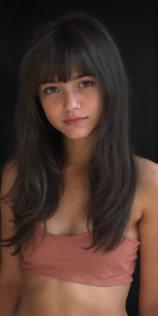 a (((cute young teen girl))), with long, straight, thick, wavy, jet, shiny black-brown hair, bangs cut frame her face, wearing a (((high cut, tight, spaghetti tank top))), posing perfect, ((accentuating her ((navel)) and (soft, youthful thighs))), (((full body side view))), dark backdrop
