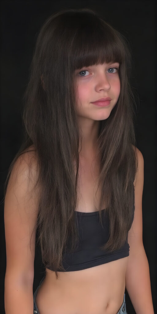 a (((cute young teen girl))), with long, straight, thick, wavy, jet, shiny black-brown hair, bangs cut frame her face, wearing a (((high cut, tight, spaghetti tank top))), posing perfect, ((accentuating her ((navel)) and (soft, youthful thighs))), (((full body side view))), dark backdrop