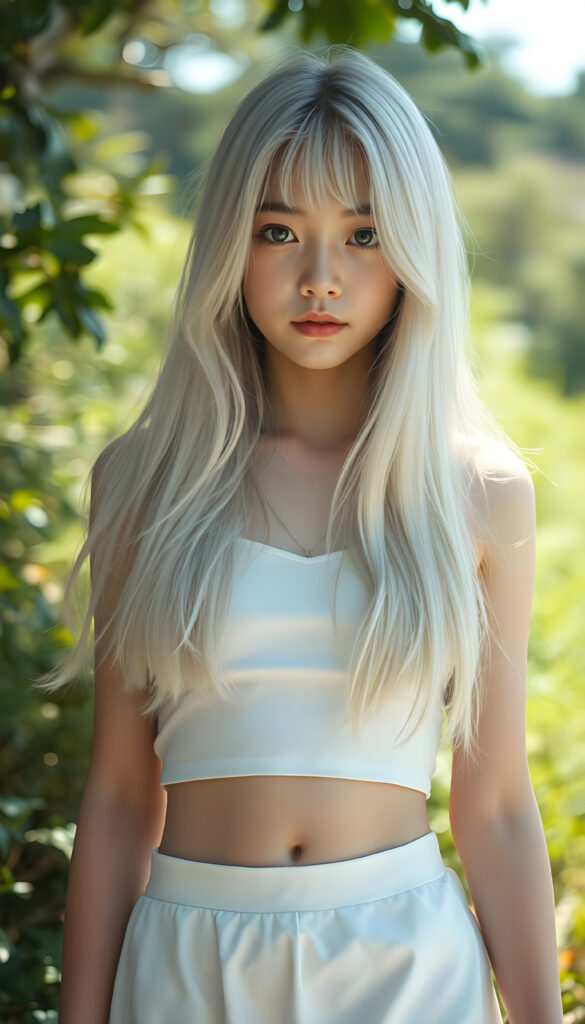 a (((cute young Japanese teen girl))), with pale white skin and (((long, open platinum white hair))), all framed by a (((vividly detailed, realistic film effect))), capturing her from a (((full-body shot))), with a (((warm, cozy atmosphere))) that suggests a (((cropped white top, white mini skirt, you can see her belly button))), both modeled against a backdrop of (((sunny green landscape)))