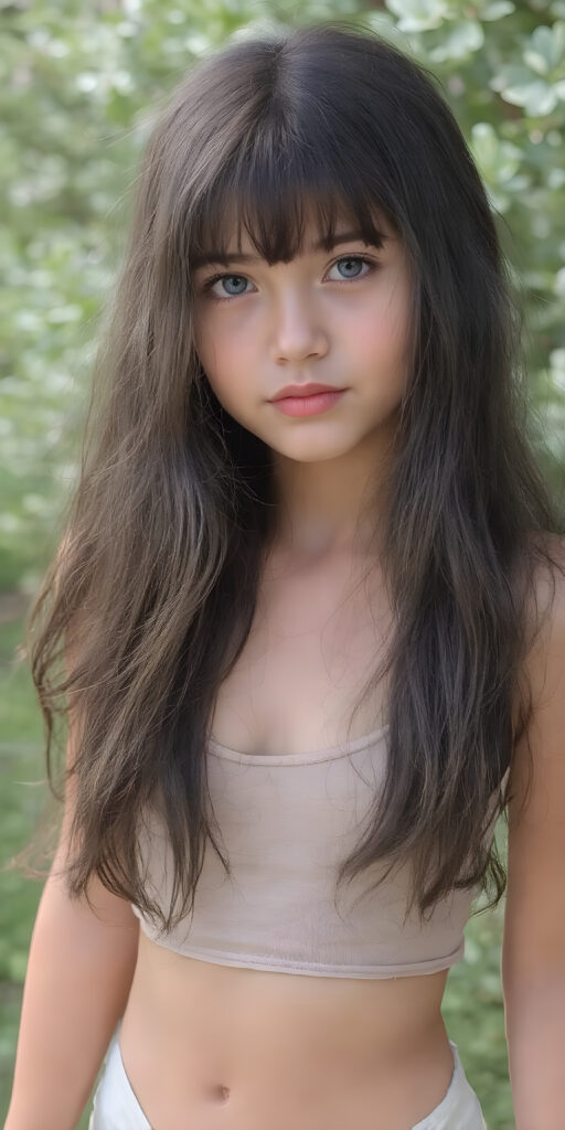 a (((cute young girl))), with long, straight, thick, wavy, jet, shiny black-brown hair, bangs cut frame her face, wearing a (((high cut, tight, spaghetti tank top))), posing perfect, ((accentuating her ((navel)) and (soft, youthful thighs))), (((full body side view))) ((natural spring backdrop))