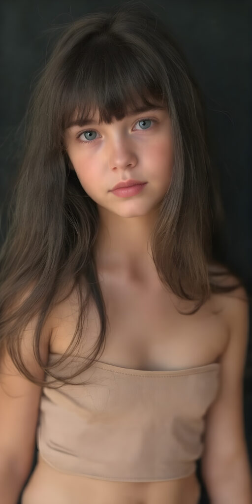 a (((cute young teen girl))), with long, straight, thick, wavy, jet, shiny black-brown hair, bangs cut frame her face, wearing a (((high cut, tight, spaghetti tank top))), posing perfect, ((accentuating her ((navel)) and (soft, youthful thighs))), (((full body side view))), dark backdrop