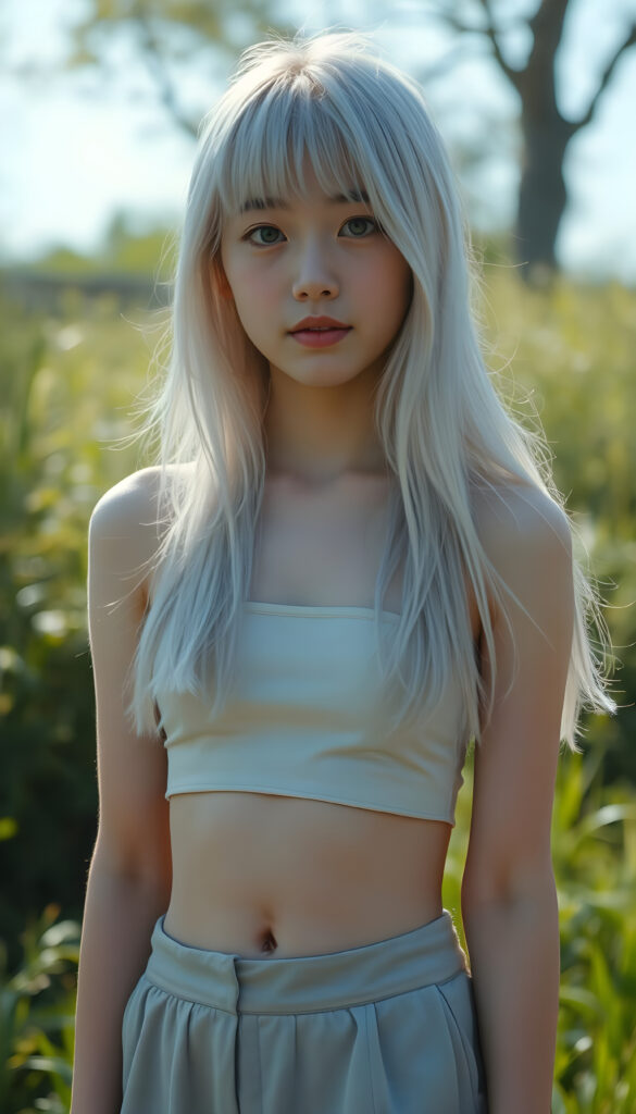 a (((cute young Japanese teen girl))), with pale skin and (((long, open platinum white hair))), all framed by a (((vividly detailed, realistic film effect))), capturing her from a (((full-body shot))), with a (((warm, cozy atmosphere))) that suggests a (((cropped top, mini skirt, you can see her belly button))), both modeled against a backdrop of (((sunny green landscape)))