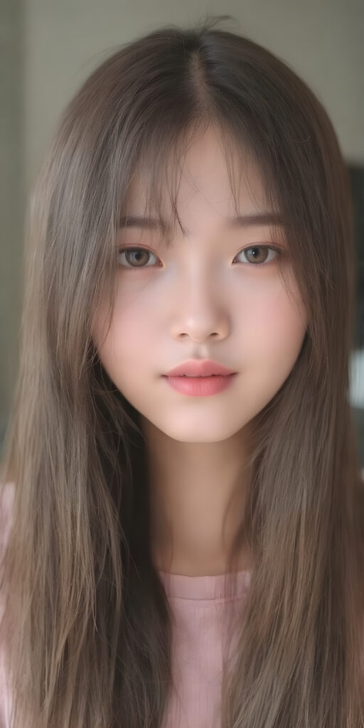 a cute young Asian girl, super long straight hair, round face, full lips, amber eyes, detailed