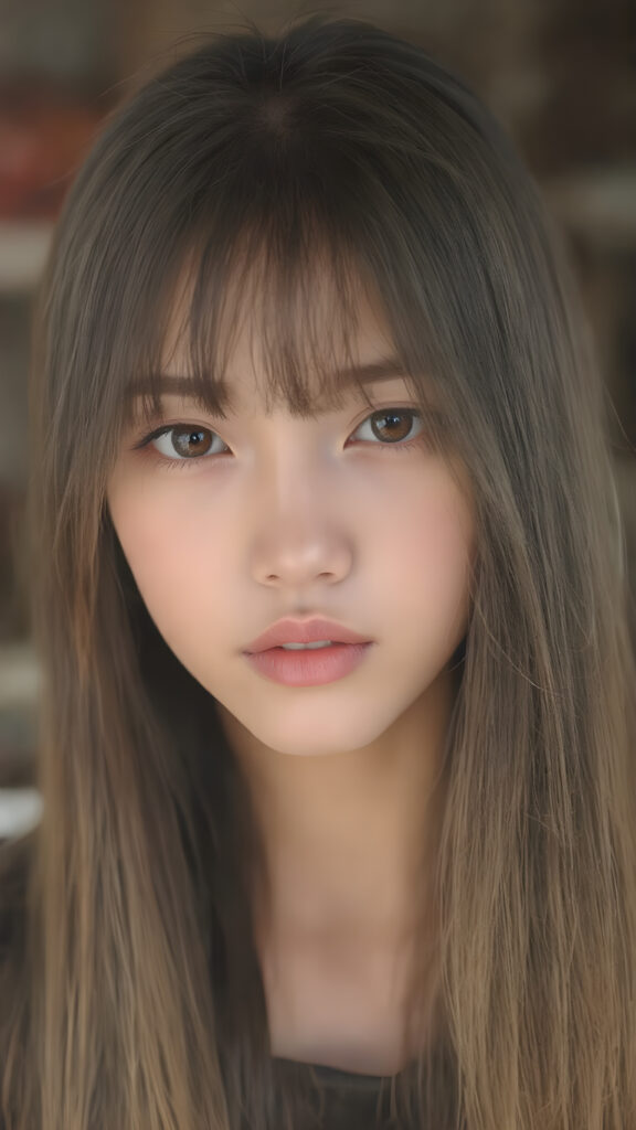 a cute young Asian girl, super long straight hair, round face, full lips, amber eyes, detailed