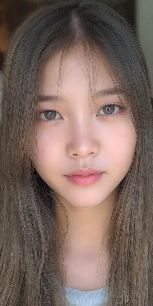 a cute young Asian girl, super long straight hair, round face, full lips, amber eyes, detailed