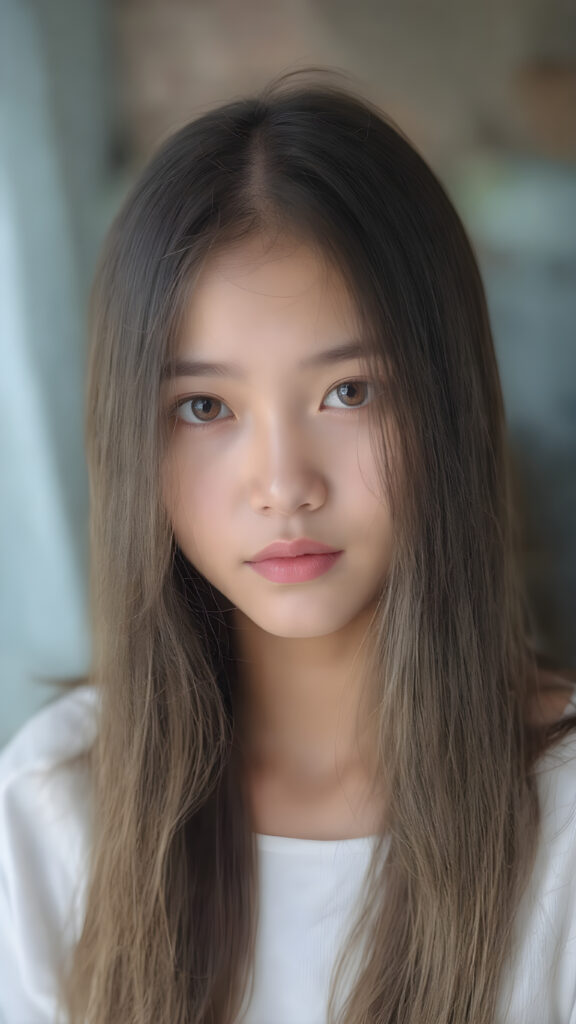 a cute young Asian girl, super long straight hair, round face, full lips, amber eyes, detailed