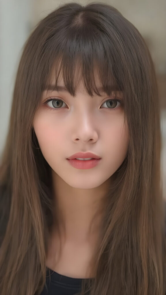 a cute young Asian girl, super long straight hair, round face, full lips, amber eyes, detailed