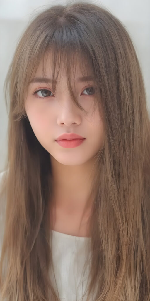 a cute young Asian girl, super long straight hair, round face, full lips, amber eyes, detailed