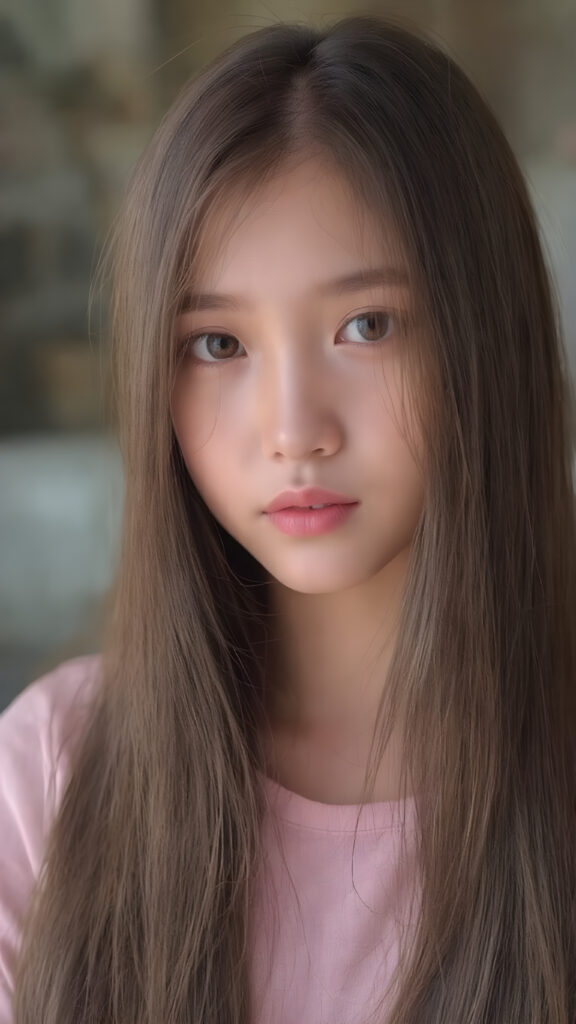 a cute young Asian girl, super long straight hair, round face, full lips, amber eyes, detailed