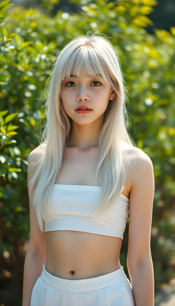 a (((cute young Japanese teen girl))), with pale white skin and (((long, open platinum white hair))), all framed by a (((vividly detailed, realistic film effect))), capturing her from a (((full-body shot))), with a (((warm, cozy atmosphere))) that suggests a (((cropped white top, white mini skirt, you can see her belly button))), both modeled against a backdrop of (((sunny green landscape)))