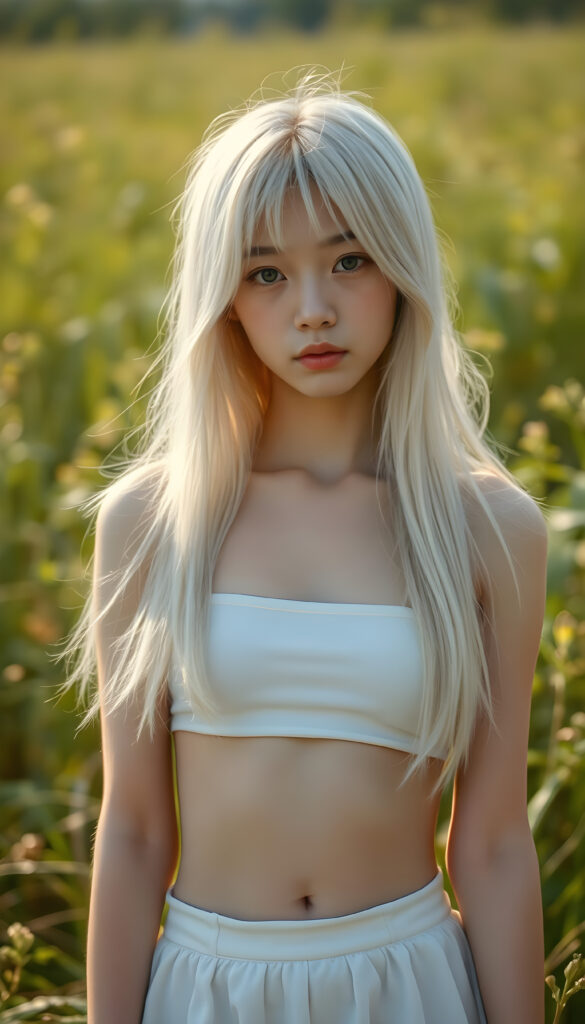 a (((cute young Japanese teen girl))), with pale white skin and (((long, open platinum white hair))), all framed by a (((vividly detailed, realistic film effect))), capturing her from a (((full-body shot))), with a (((warm, cozy atmosphere))) that suggests a (((cropped white top, white mini skirt, you can see her belly button))), both modeled against a backdrop of (((sunny green landscape)))