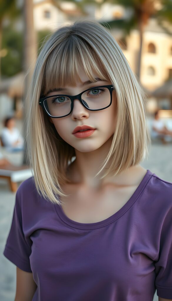 a (((cute young teenage girl))), with shoulder length bob cut, straight, ((blond hair)), and a (((purple very thin and tight t-shirt))), ((red, full lips)), ((brown eyes)), all set against a backdrop of a (beach resort), black glasses, sun kissed