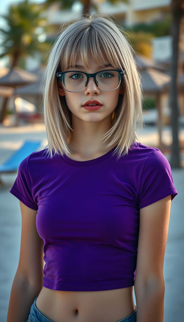 a (((cute young teenage girl))), with shoulder length bob cut, straight, ((blond hair)), and a (((purple very thin and tight t-shirt))), ((red, full lips)), ((brown eyes)), all set against a backdrop of a (beach resort), black glasses, sun kissed