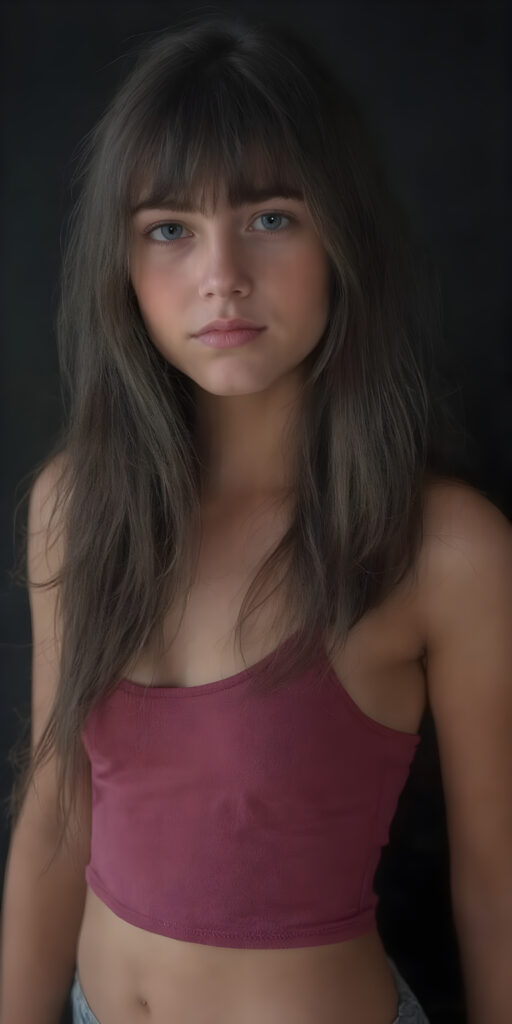 a (((cute young teen girl))), with long, straight, thick, wavy, jet, shiny black-brown hair, bangs cut frame her face, wearing a (((high cut, tight, spaghetti tank top))), posing perfect, ((accentuating her ((navel)) and (soft, youthful thighs))), (((full body side view))), dark backdrop