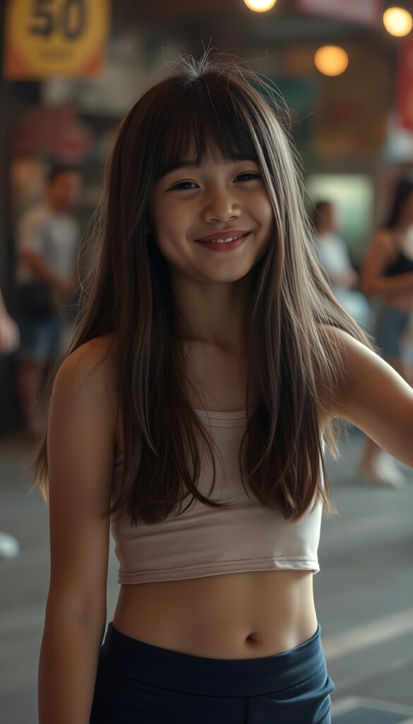 a cute young dancing girl, long hair, cropped tank top, happy