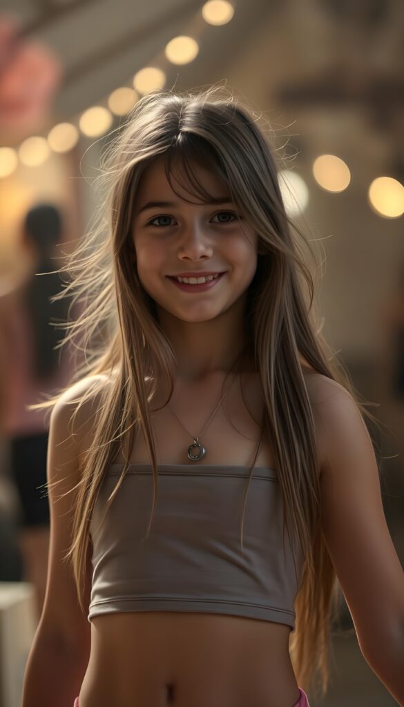 a cute young dancing girl, long hair, cropped tank top, happy