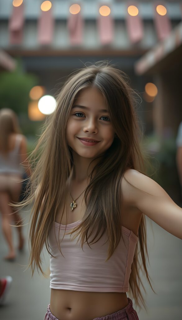a cute young dancing girl, long hair, cropped tank top, happy