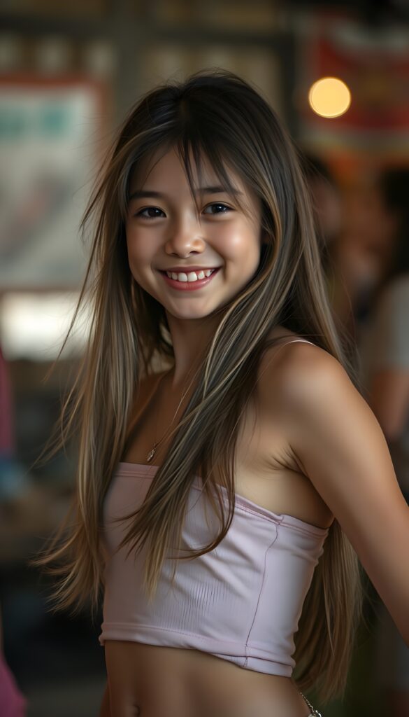 a cute young dancing girl, long hair, cropped tank top, happy
