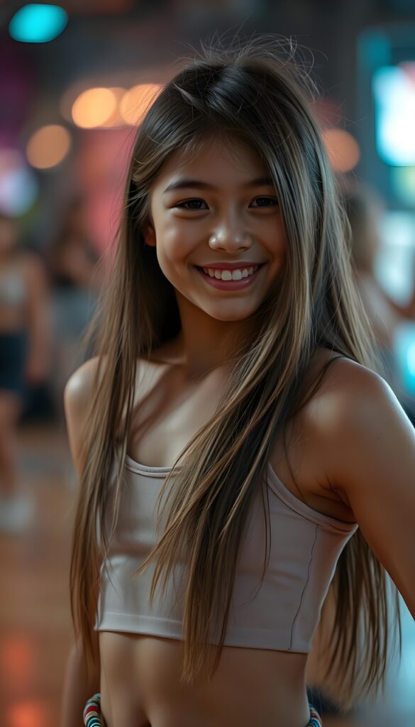 a cute young dancing girl, long hair, cropped tank top, happy