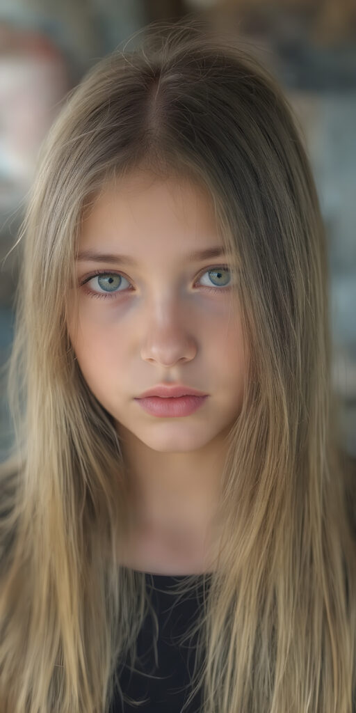 a cute young girl, super long straight hair, round face, full lips, amber eyes, detailed