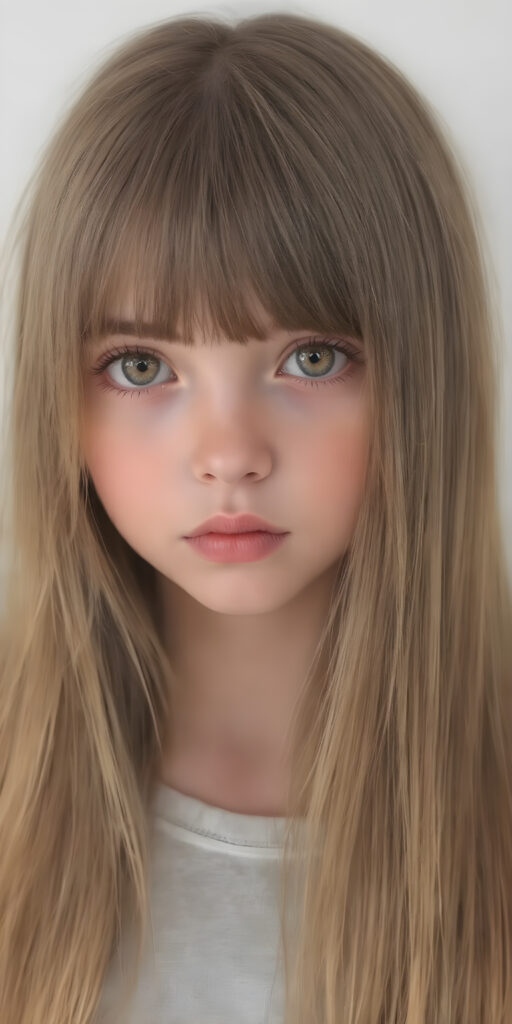 a cute young girl, super long straight hair, round face, full lips, amber eyes, detailed