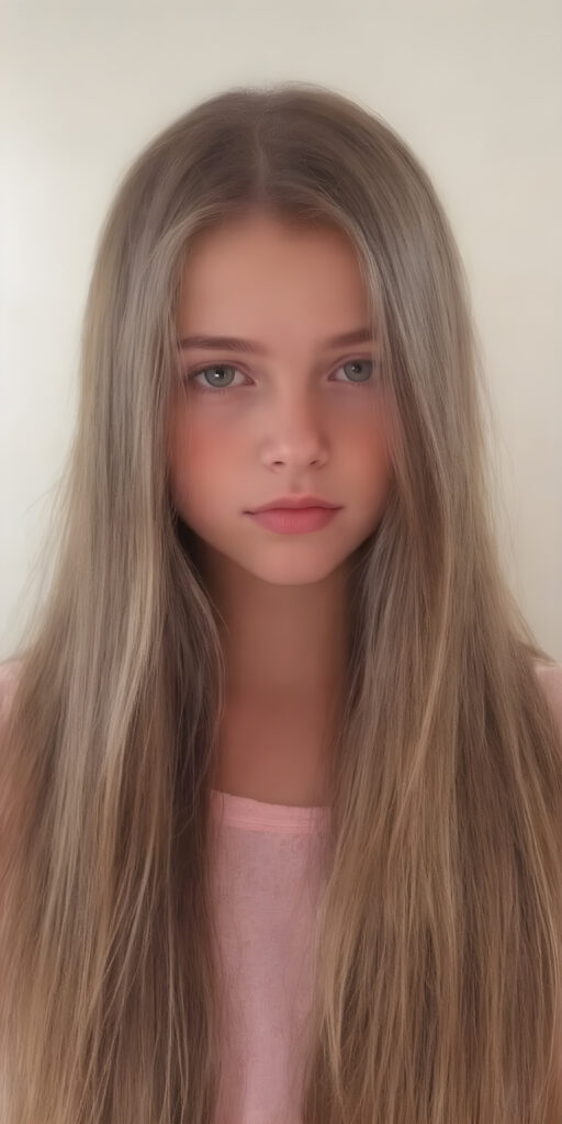 a cute young girl, super long straight hair, round face, full lips, amber eyes, detailed