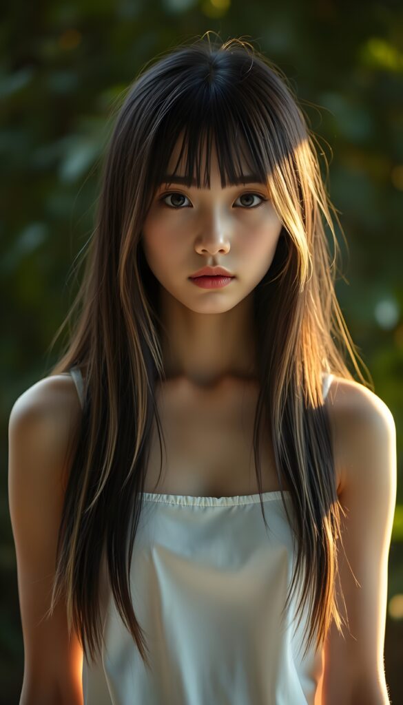 a cute young girl wears a white spaghetti dutt, long straight jet silky black hair and blond highlights falls down like a waterfall, front view.