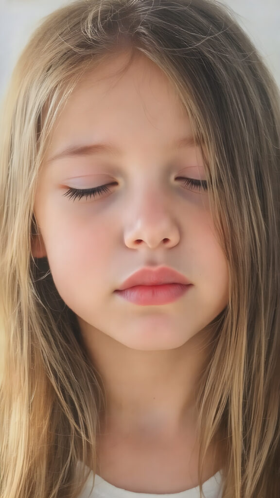 a cute young girl, with (((long, silky, straight hair that falls down to her back))), (((black closed eyes that reflect the sunlight around her face))), her lips parted as if to take in a breath of fresh air, the warmth of the sun kissing her round face, creating a serene moment that exudes a sense of pure joy and tranquility