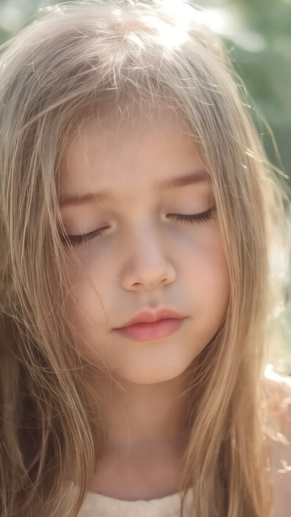 a cute young girl, with (((long, silky, straight hair that falls down to her back))), (((black closed eyes that reflect the sunlight around her face))), her lips parted as if to take in a breath of fresh air, the warmth of the sun kissing her round face, creating a serene moment that exudes a sense of pure joy and tranquility