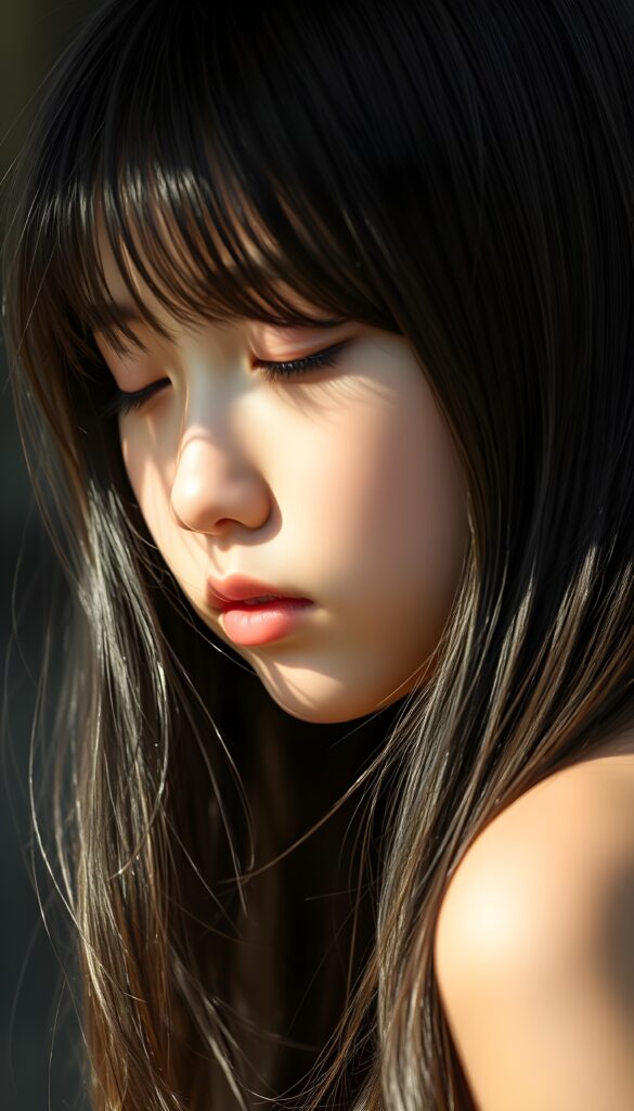 a cute young girl, with (((long, silky, straight hair that falls down to her back))), (((black closed eyes that reflect the sunlight around her face))), her lips parted as if to take in a breath of fresh air, the warmth of the sun kissing her round face, creating a serene moment that exudes a sense of pure joy and tranquility, slightly side view.