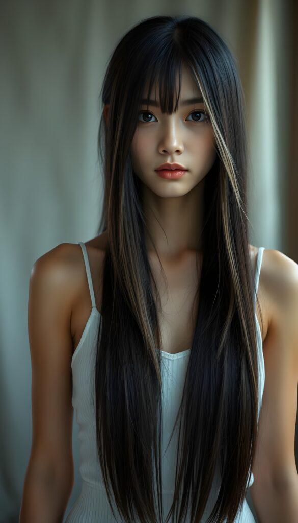 a cute young girl wears a white spaghetti dutt, long straight jet silky black hair and blond highlights falls down like a waterfall, front view.