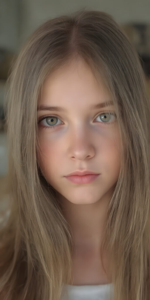a cute young girl, super long straight hair, round face, full lips, amber eyes, detailed