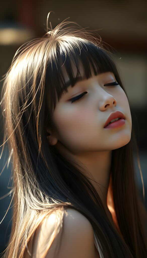 a cute young girl, with (((long, silky, straight hair that falls down to her back))), (((black closed eyes that reflect the sunlight around her face))), her lips parted as if to take in a breath of fresh air, the warmth of the sun kissing her round face, creating a serene moment that exudes a sense of pure joy and tranquility, slightly side view.
