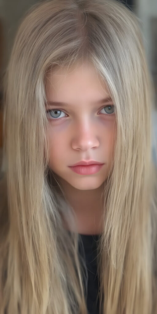 a cute young girl, super long straight hair, round face, full lips, amber eyes, detailed