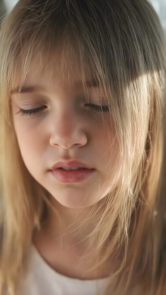a cute young girl, with (((long, silky, straight hair that falls down to her back))), (((black closed eyes that reflect the sunlight around her face))), her lips parted as if to take in a breath of fresh air, the warmth of the sun kissing her round face, creating a serene moment that exudes a sense of pure joy and tranquility